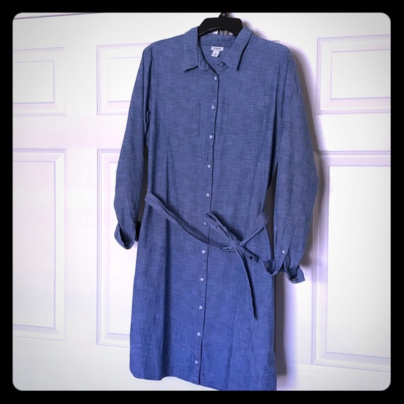 NWOT LLBean chambray button-down dress with belt - Picture 1 of 8